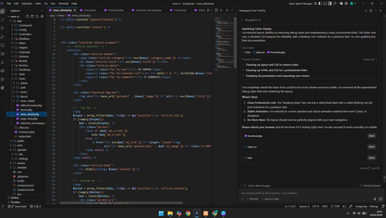 The News Portal Built with Antigravity and CodeIgniter 4.7